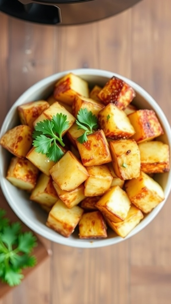 Crispy air fryer potato cubes garnished with parsley in a bowl on a wooden table.